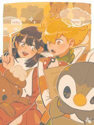  1boy 1girl :d :o bag barry_(pokemon) black_hair blank_speech_bubble blonde_hair buneary character_doll commentary_request doll eyelashes green_scarf grey_eyes hair_ornament hairclip hand_up highres hikari_(pokemon) index_finger_raised jacket long_hair omyo_(myomyomyo22) open_mouth paper_bag piplup poke_ball poke_ball_(basic) pokemon pokemon_dppt pokemon_platinum scarf signature smile speech_bubble striped_clothes striped_jacket teeth upper_teeth_only 