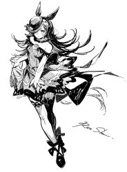  1girl animal_ears bare_shoulders breasts closed_mouth collarbone commentary_request dagger dress flipped_hair flower fur_choker greyscale hair_over_one_eye hat hat_flower highres horse_ears horse_girl horse_tail knife long_hair long_sleeves monochrome off-shoulder_dress off_shoulder ohayonabeno rice_shower_(rosy_dreams)_(umamusume) rice_shower_(umamusume) rose sheath sheathed shoes simple_background small_breasts smile solo tail thigh-highs tilted_headwear umamusume weapon 