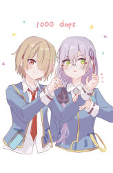  2girls absurdres brown_hair commentary_request glasses green_eyes hair_ornament hairpin heaven_burns_red highres izumi_yuki_(heaven_burns_red) kayamori_ruka kurauchi_naya looking_at_viewer multiple_girls purple_hair red_eyes school_uniform short_hair 