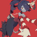  1girl bare_shoulders blue_skin detached_collar detached_sleeves dress hair_over_one_eye leviathan_(skullgirls) skull skullgirls solo squigly_(skullgirls) stitched_mouth striped striped_sleeves twintails zombie 
