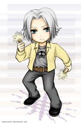  1boy chibi dynamite gokudera_hayato katekyo_hitman_reborn male_focus silver_hair skull_and_crossbones solo 