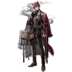  1boy animal_ear_fluff animal_ears arknights belt belt_pouch black_belt black_bodysuit black_gloves bodysuit bodysuit_under_clothes briefcase brown_shoes business_suit chain chain_necklace coat coat_on_shoulders collared_shirt demetri_certaldo_(arknights) earrings english_text fangs fingerless_gloves fire full_body fur-trimmed_coat fur_trim gloves gold_chain gold_trim grey_jacket grey_pants hair_between_eyes highres holding holding_knife holding_lighter infection_monitor_(arknights) jacket jewelry knife lapels leg_belt lighter loafers looking_at_viewer lowro_(en) multicolored_hair necklace non-web_source o-ring official_art open_clothes open_coat open_jacket open_mouth orange_belt pants ponytail pouch red_coat red_hair shirt shoes shoulder_belt simple_background single_earring smoke solo standing streaked_hair striped_clothes striped_jacket striped_pants suit tachi-e tail teeth transparent_background two-tone_hair upper_teeth_only vertical-striped_clothes vertical-striped_jacket vertical-striped_pants violet_eyes white_hair white_shirt wolf_boy wolf_ears wolf_tail 