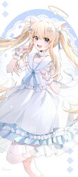  1girl :d absurdres animal_ears bell blonde_hair blue_eyes blue_sailor_collar bow cat_ears cat_girl cat_tail character_request chinese_commentary choker clenched_hands clothing_cutout commentary_request commission copyright_request fang frilled_choker frills hair_bow halo hands_up highres huizu layered_skirt leg_up long_hair neck_bell paw_halo puffy_short_sleeves puffy_sleeves ribbon sailor_collar short_sleeves shoulder_cutout skin_fang skirt smile solo tail tail_ornament tail_ribbon text_hair_ornament twintails very_long_hair yellow_halo 