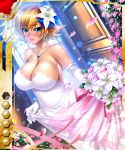  1girl bare_shoulders blonde_hair blue_eyes blush bouquet breasts cleavage dress earrings elbow_gloves gloves hair_ornament igawa_sakura kagami_hirotaka large_breasts lilith-soft looking_at_viewer necklace pearl_necklace short_hair smile solo taimanin_asagi taimanin_asagi_battle_arena tears wedding_dress 