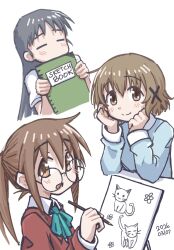  3girls black_hair blue_sweater brown_eyes brown_hair commentary dated_commentary ga_geijutsuka_art_design_class glasses hair_ornament hidamari_sketch highres holding holding_pencil holding_sketchbook kajiwara_sora long_hair multiple_girls pencil ponytail round_eyewear short_hair simple_background sketch sketchbook sketchbook_full_colors smile sweater trait_connection white_background x_hair_ornament yamaguchi_kisaragi yuno_(hidamari_sketch) yunoppi 