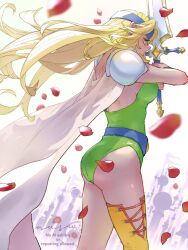  1girl aqua_eyes armor artist_name belt blonde_hair blue_belt blue_headband boots breasts cape celes_chere commentary_request cowboy_shot eakanasu falling_petals fighting_stance final_fantasy final_fantasy_vi furrowed_brow green_leotard headband highres holding holding_sword holding_weapon leotard long_hair medium_breasts parted_bangs pauldrons petals red_petals shoulder_armor sideboob sidelocks single_thigh_boot solo sword thigh_boots weapon white_cape yellow_boots 