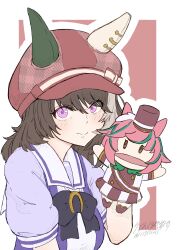  1girl animal_ears blush bow bowtie breasts brown_hair closed_mouth ear_covers ears_through_headwear hair_between_eyes hand_puppet hashtag-only_commentary hat highres horse_ears horse_girl looking_at_viewer marche_lorraine_(umamusume) mismatched_ear_covers puffy_short_sleeves puffy_sleeves puppet purple_bow purple_bowtie purple_shirt sailor_collar sailor_shirt school_uniform shirt short_hair short_sleeves smile solo tracen_school_uniform udon_(zenbunose) umamusume upper_body violet_eyes white_sailor_collar 