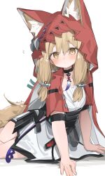  1girl absurdres animal_ear_fluff animal_ears arknights arknights:_endfield blonde_hair blush bright_pupils cape closed_mouth dot_mouth ears_through_headwear hands_on_floor highres hood hood_up hooded_cape jewelry low-tied_sidelocks necklace notice_lines on_floor red_hood rossi_(arknights) sidelocks slit_pupils tail tntl_nemui tooth_necklace white_background wolf_ears wolf_girl wolf_tail yellow_eyes 