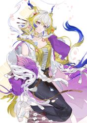  1girl absurdres arknights bare_shoulders black_skirt camisole chinese_commentary choker closed_mouth colored_extremities commentary_request dragon_girl dragon_horns dragon_tail ershuihe eyeliner feet_out_of_frame flower fruit_earrings hair_between_eyes hair_flower hair_ornament hair_stick hand_up highres horns jacket long_hair long_sleeves makeup multicolored_hair official_alternate_costume orange_eyeliner petals pointy_ears purple_jacket shawl shu_(arknights) shu_(spring_feast)_(arknights) skirt smile solo tail white_background white_shawl yellow_camisole yellow_choker yellow_hands 