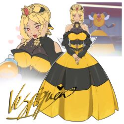  1girl absurdres blonde_hair breasts commentary crown dress english_commentary full_body heart highres honey looking_at_viewer medium_breasts open_mouth personification pokemon pokemon_(creature) red_eyes ryairyai see-through_cleavage see-through_clothes short_hair simple_background solo standing vespiquen white_background yellow_dress 