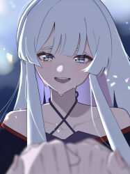  1girl aegyo_sal bare_shoulders blue_eyes blurry blush cho_kaguya-hime! collarbone commentary_request crying crying_with_eyes_open depth_of_field female_pov highres holding_hands long_hair looking_at_viewer na_(pixiv_120499873) off_shoulder open_mouth pov runami_yachiyo sakayori_iroha solo tears teeth upper_body upper_teeth_only white_hair 