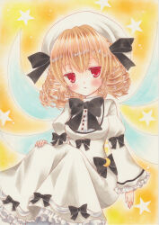  1girl black_bow black_bowtie blonde_hair blush bow bowtie breasts collared_shirt commentary_request dress dress_bow drill_hair fairy fairy_wings frilled_dress frilled_sleeves frills hat long_sleeves looking_at_viewer luna_child marker_(medium) medium_breasts medium_hair open_mouth red_eyes shirt solo star_(symbol) touhou traditional_media white_dress white_hat wide_sleeves wings yellow_background zenra1112 