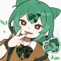  1girl :d artist_logo artist_name backpack bag blush bob_cut bow bowtie bracelet bright_pupils brown_cardigan brown_eyes cardigan close-up collared_shirt commentary cone_hair_bun creature_and_personification dress_shirt earrings fangs green_bag green_bow green_bowtie green_nails green_outline gyaru gyaru_bulbasaur_(shin_no_tenpii) hair_between_eyes hair_bun hair_ornament hairclip hand_up head_tilt jewelry leaf light_blush logo looking_at_viewer nail_polish outline paper_texture parted_lips personification plaid_bow plaid_bowtie plaid_clothes pokemon pokemon_(creature) pokemon_pokopia portrait school_uniform shirt short_hair signature smile smug solo strap_slip w white_background white_pupils white_shirt yknsugar 