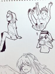  ! 4girls arms_up asymmetrical_bangs biting bow burger character_request closed_eyes collared_shirt commentary eating emblem expressionless eyewear_on_head falling food from_side full_body goggles goggles_on_head greyscale hair_bow hands_up holding holding_burger holding_food kneehighs light_blush long_hair loose_socks medium_hair midair miniskirt misaka_imouto monochrome multiple_girls negiko123123 night_vision_device open_mouth pleated_skirt ponytail school_uniform shirt shoes short_sleeves sitting sketchbook skirt sleeveless sleeveless_sweater smile socks summer_uniform sweater sweater_vest toaru_majutsu_no_index tokiwadai_school_uniform traditional_media v v-neck white_background wire_binding 