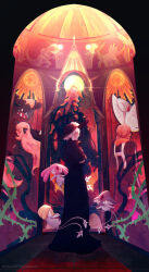  1boy 2girls ancestor_and_descendant artist_name azelf black_dress black_hat blonde_hair closed_eyes closed_mouth cogita_(pokemon) commentary crossed_arms cynthia_(pokemon) dialga dress english_commentary forehead_jewel garchomp giratina giratina_(origin) hat highres hisuian_braviary kleavor long_hair mesprit multiple_girls palkia planetsandmagic pokemon pokemon_(creature) pokemon_dppt pokemon_legends:_arceus short_hair smile thorns togekiss uxie volo_(pokemon) white_hair yellow_eyes 