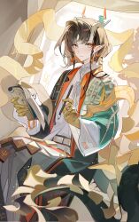  1girl absurdres arknights black_hair book braid calligraphy_brush chinese_clothes chinese_commentary closed_mouth colored_extremities commentary_request dragon_girl dragon_horns dragon_tail earrings eastern_dragon_horns eastern_dragon_tail ershuihe eyeshadow feet_out_of_frame green_robe highres holding holding_book holding_brush horns indoors jewelry jie_(arknights) long_sleeves looking_at_viewer makeup multicolored_hair open_book orange_eyeshadow paintbrush pointy_ears robe shawl shirt short_hair sitting smile solo streaked_hair tail white_shirt window yellow_hands 