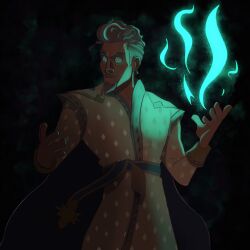  1boy beard black_background english_commentary facial_hair grey_hair highres king_magnifico magic male_focus mature_male mustache robe short_hair solo wish_(disney) xia-artss 