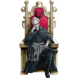  1boy beard black_boots boots coat colored_sclera crossed_legs facial_hair full_body head_rest looking_at_viewer male_focus official_art old old_man otori_tenshin red_sclera sitting solo transparent_background trench_coat tribe_nine white_eyes white_hair 