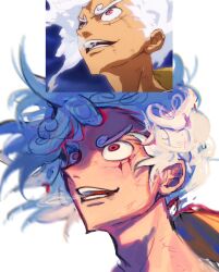  1boy derivative_work floating_hair hat heavy_breathing highres ki2ri5 looking_up male_focus monkey_d._luffy one_piece pink_eyes portrait scar scar_on_face screenshot_inset screenshot_redraw simple_background smile smoke straw_hat thick_eyebrows white_hair 