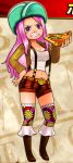  1girl eating food hat jewelry_bonney lipstick makeup official_art one_piece pink_hair pizza violet_eyes wide_hips 