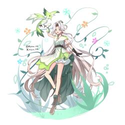  1girl animal bird cookie_run cookie_run:_ovenbreak dress flower green_eyes hair_ornament hashtag-only_commentary highres jaime_2526 long_hair simple_background solo starch_noodle_cookie watermark white_background white_hair 