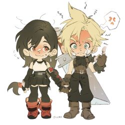  1boy 1girl 4k1030 absurdres anger_vein angry bandaid bandaid_on_cheek bandaid_on_face bandaid_on_nose bare_shoulders belt belt_buckle black_gloves black_hair black_pants black_skirt black_sweater black_thighhighs blonde_hair blue_eyes blush boots brown_gloves buckle buster_sword closed_mouth cloud_strife couple crop_top earrings elbow_gloves final_fantasy final_fantasy_vii final_fantasy_vii_remake fingerless_gloves flying_sweatdrops full_body gloves hetero highres holding_hands jewelry long_hair looking_at_viewer low-tied_long_hair messy_hair middle_finger miniskirt multiple_belts pants red_boots red_eyes short_hair skirt sleeveless sleeveless_turtleneck spiky_hair spoken_anger_vein standing straight-on sweatdrop sweater sword sword_on_back tank_top thigh-highs tifa_lockhart turtleneck turtleneck_sweater twitter_username weapon weapon_on_back white_background white_tank_top zettai_ryouiki 