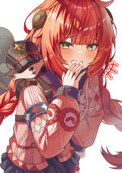  +++ 1girl absurdres animal_on_back blush braid braided_twintails cardigan chest_bow commentary_request covering_own_mouth green_eyes grin hearing_aid highres huzi68680 kamanosuke_(zenless_zone_zero) long_hair looking_at_viewer pink_cardigan raccoon red_hair simple_background smile tanuki ukinami_yuzuha upper_body white_background zenless_zone_zero 