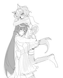  2girls =_= animal_ears arms_around_waist astronghouse back_bow blush bow closed_eyes closed_mouth cowboy_shot ears_down eyepatch frilled_skirt frills full_body greyscale hair_between_eyes high-waist_skirt highres horse_ears horse_girl horse_tail hug legs_up lifting_person long_hair long_hair_between_eyes loose_hair_strand miniskirt monochrome multicolored_hair multiple_girls parted_lips pleated_skirt sailor_collar school_uniform shirt shoes short_hair simple_background skirt smile straight_hair streaked_hair symboli_kris_s_(umamusume) tail tanino_gimlet_(umamusume) thigh-highs tracen_school_uniform umamusume uwabaki very_long_hair white_background winter_uniform yuri 