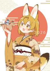  0nanaten 1girl animal_ears belt blonde_hair blush brown_kimono cat_ears cat_girl cat_tail commentary_request extra_ears flower highres horse japanese_clothes kemono_friends kimono lucky_beast_(kemono_friends) serval_(kemono_friends) short_hair simple_background stuffed_toy tail yellow_eyes 