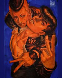  2boys anchor_ornament arm_around_neck arm_around_shoulder black_hair blue_background commentary diamond_wa_kudakenai dollar_sign earrings facial_mark gakuran grin higashikata_josuke highres jewelry jojo_no_kimyou_na_bouken looking_at_viewer male_focus marker_(medium) maya_panda multicolored_hair multiple_boys nijimura_okuyasu orange_theme peace_symbol pompadour school_uniform smile stud_earrings teeth traditional_media two-tone_hair undercut untranslatable_commentary v 