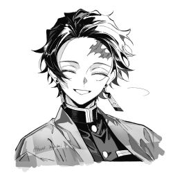  1boy buttons checkered_haori commentary_request cropped_shoulders demon_slayer_uniform earrings facing_viewer greyscale grin hanafuda_earrings haori highres hrak_mumi japanese_clothes jewelry kamado_tanjirou kimetsu_no_yaiba male_focus monochrome scar scar_on_face scar_on_forehead short_hair simple_background smile solo twitter_username white_background 