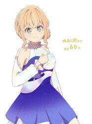  1girl aqua_eyes armpit_cutout blue_dress closed_mouth clothing_cutout commentary_request countdown cowboy_shot dress frilled_sleeves frills hair_bun highres hinoshita_kaho link!_like!_love_live! long_sleeves love_live! makki_do o-ring orange_hair short_hair sidelocks simple_background single_side_bun smile solo split_mouth translation_request tsubasa_la_liberte virtual_youtuber white_background 