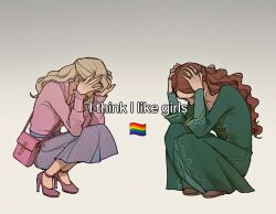  2girls a_song_of_ice_and_fire alicent_hightower blonde_hair blue_skirt brown_hair brown_shoes commentary dress english_text good_witch_of_the_north green_dress hands_on_own_head high_heels highres house_of_the_dragon i_think_i_like_boys_(meme) meme multiple_girls pink_bag pink_shoes pink_sweater rainbow_flag shoes skirt squatting sweater tcn_tancha untranslatable_commentary wavy_hair wicked 