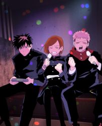  1girl 2boys artist_request brown_hair closed_eyes closed_mouth facial_mark facial_tattoo fushiguro_megumi gakuran highres holding holding_microphone holding_tablet_pc hood hoodie indoors itadori_yuuji jujutsu_kaisen jujutsu_tech_uniform kugisaki_nobara microphone multiple_boys music open_mouth red_hoodie school_uniform short_hair singing sitting spiky_hair swept_bangs tablet_pc tattoo undercut wireless_microphone 