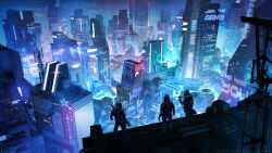  3boys archaic_japanese_text building city city_lights cityscape commentary cyberpunk english_commentary english_text from_behind holding holding_sword holding_weapon hologram hood katana multiple_boys neon_lights original outdoors painterly rooftop scenery sword sylvain_sarrailh tower weapon web_address 
