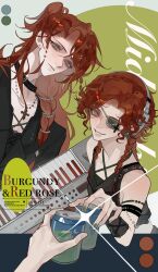  1boy 1girl 1other absurdres black_choker black_jacket braid brynhildr_vilulf can choker crop_top eyepatch frederick_kreiburg green_nails grey_eyes grin hair_intakes hehui43477 highres identity_v instrument jacket looking_at_viewer multiple_braids orange_hair pov pov_hands side_braid side_part smile synthesizer 