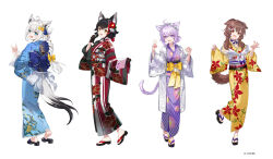  4girls animal_ears black_gloves black_hair braid brown_hair cat_ears cat_girl cat_tail commentary_request dog_ears dog_girl dog_tail fox_ears fox_girl fox_tail from_behind full_body gloves hair_ornament hololive hololive_gamers inugami_korone japanese_clothes kimono long_hair long_sleeves looking_at_viewer multiple_girls nekomata_okayu obi official_art ookami_mio open_mouth print_kimono purple_hair sash shirakami_fubuki simple_background smile soraneko_hino standing standing_on_one_leg tail virtual_youtuber white_background white_hair wide_sleeves wolf_ears wolf_girl wolf_tail 