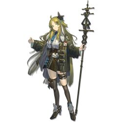  1girl ahoge animal_ears aqua_eyes arknights asymmetrical_legwear asymmetrical_skirt belt belt_pouch black_bow black_thighhighs blue_bow blue_necktie bow breasts brown_belt brown_shoes coat collared_shirt cross_hair_ornament droopy_ears english_text eyeliner frilled_bow frilled_shirt frills full_body goat_ears goat_girl green_coat green_hair green_skirt hair_bow hair_ornament high_heels highres holding holding_staff id_card infection_monitor_(arknights) lanzi_(415460661) large_breasts layered_skirt light_smile long_hair looking_at_viewer mage_staff makeup mole mole_under_eye necktie non-web_source official_art open_clothes open_coat pouch red_eyeliner ripresa_(arknights) shirt shoes sidelocks simple_background skirt solo staff standing striped_clothes striped_shirt stuffed_animal stuffed_goat stuffed_toy tachi-e thigh-highs thigh_belt thigh_pouch thigh_strap transparent_background underbust uneven_legwear vertical-striped_clothes vertical-striped_shirt white_shirt zipper zipper_skirt 