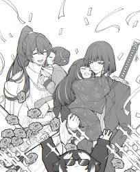  1boy 4girls absurdres animal_ears araya_(project_moon) arms_up bob_cut brother_and_sister commentary_request confetti dog_ears double_bun greyscale hair_bun half_updo highres holding holding_suitcase hong_lu_(project_moon) japanese_clothes jia_xichun_(project_moon) katana kimono limbus_company long_hair looking_at_viewer lunacy_(limbus_company) maki_maki_(makimakipoipoi) monochrome mother_and_daughter multiple_girls ootachi project_moon ryoshu_(project_moon) schna_jang short_hair siblings simple_background sparkle stre streamers suitcase sunglasses sword sword_on_back very_long_hair weapon weapon_on_back 