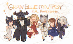  3boys 3girls :d ^_^ anniversary beatrix_(granblue_fantasy) black_bow black_bowtie black_suit blonde_hair blue_dress bow bowtie brown_hair cassius_(granblue_fantasy) cleavage_cutout closed_eyes clothing_cutout commentary copyright_name dated deformed draph dress eustace_(granblue_fantasy) fake_horns gloves granblue_fantasy grey_hair grin hair_over_one_eye helmet hibana_(hibana_ztlv) highres holding_hands horned_helmet horns ilsa_(granblue_fantasy) jacket multiple_boys multiple_girls necktie one_eye_closed pants purple_jacket purple_pants purple_suit red_dress smile suit vaseraga vest white_dress white_gloves white_hair white_jacket white_pants white_suit zeta_(granblue_fantasy) 