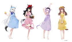  4girls animal_ears arm_up barefoot black_hair brown_hair cat_ears cat_girl cat_tail closed_mouth commentary_request dog_ears dog_girl dog_tail dress fox_ears fox_tail full_body hitodama hololive hololive_gamers inugami_korone long_hair looking_at_viewer multiple_girls nekomata_okayu official_art one_eye_closed ookami_mio open_mouth purple_hair shirakami_fubuki simple_background sleeveless sleeveless_dress smile soraneko_hino standing standing_on_one_leg tail virtual_youtuber white_background white_hair wolf_ears wolf_girl wolf_tail 