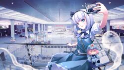  6+girls absurdres alice_margatroid bag bat_wings black_bow black_bowtie black_hairband blonde_hair blue_hair bow bowtie cellphone character_doll china chinese_commentary cirno collared_shirt commentary_request daiyousei detached_wings doll fairy fairy_wings flying frilled_skirt frills fumo_(doll) futatsuiwa_mamizou green_eyes green_hair green_skirt green_vest grey_hair hairband haniyasushin_keiki highres hinanawi_tenshi hitodama hitodama_print holding holding_phone houraisan_kaguya ice ice_wings izayoi_sakuya joutouguu_mayumi konpaku_youmu konpaku_youmu_(ghost) luna_child maribel_hearn minuo multiple_girls open_mouth orange_hair phone print_skirt print_vest puffy_short_sleeves puffy_sleeves purple_hair real_world_location remilia_scarlet rolling_suitcase saigyouji_yuyuko selfie shirt short_sleeves shoulder_bag skirt skirt_set smartphone smile solo_focus star_sapphire suitcase sukuna_shinmyoumaru sunny_milk touhou train_station usami_renko vest watari_nina white_shirt wings 