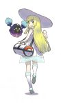  &gt;:o 1girl :o bag bangs bare_arms blonde_hair blunt_bangs braid cosmog dress from_behind full_body green322 green_eyes handbag hat high_heels lillie_(pokemon) long_hair looking_at_viewer looking_back open_mouth pokemon pokemon_(game) pokemon_sm running simple_background sleeveless sleeveless_dress solo sun_hat twin_braids white_background white_dress white_hat 