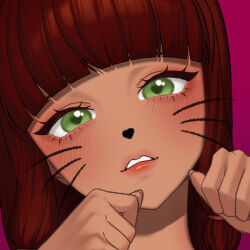  1girl absurdres animal_nose arched_bangs chloria77 commentary_request commission dark-skinned_female dark_skin drawn_nose drawn_whiskers eyelashes green_eyes hands_up heart heart-shaped_nose heart-shaped_pupils highres lips long_hair looking_at_viewer original parted_lips paw_pose pink_background portrait red_hair simple_background solo symbol-shaped_pupils 