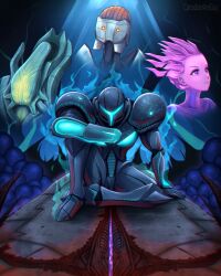  alien arm_cannon armor assault_visor aura blue_visor canadiananiguy dark_samus energy gandrayda ghor glowing highres metroid metroid_prime_3:_corruption on_ground pink_eyes rundas science_fiction shoulder_armor sitting weapon 