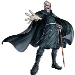  1boy beard black_boots boots cane coat colored_sclera facial_hair full_body looking_at_viewer male_focus official_art old old_man otori_tenshin red_sclera solo transparent_background trench_coat tribe_nine white_eyes white_hair 