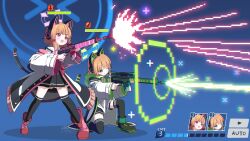  2girls absurdres animal_ear_headphones animal_ears assault_rifle battle_rifle black_shorts black_skirt black_thighhighs blonde_hair blue_archive bow cat_ear_headphones cat_ears cat_tail coat commentary fake_animal_ears firing full_body gaarya green_eyes green_halo gun h&amp;k_g3 hair_bow halo headphones highres hood hooded_jacket jacket long_sleeves low-tied_sidelocks midori_(blue_archive) momoi_(blue_archive) multiple_girls on_one_knee one_eye_closed open_mouth pink_halo red_eyes rifle short_hair shorts siblings sidelocks sisters skirt standing tail thigh-highs twins user_interface weapon white_coat 