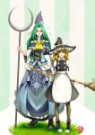  2girls alternate_costume apron arm_garter ascot black_dress black_hat blonde_hair blue_dress blue_hat bow braid broom capelet crescent dress green_eyes green_hair hat hat_bow highres hiragana_(gomasyabu) holding holding_broom holding_staff kirisame_marisa long_hair long_sleeves looking_at_another mima multiple_girls mushroom pantyhose side_braid staff touhou touhou_(pc-98) waist_apron white_bow witch_hat wizard_hat yellow_ascot yellow_eyes 