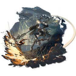  1girl ahoge animal_ears aqua_eyes arknights asymmetrical_legwear asymmetrical_skirt belt belt_pouch black_bow black_thighhighs blue_bow blue_necktie bow breasts brown_belt brown_shoes clouds cloudy_sky coat collared_shirt cross_hair_ornament droopy_ears dynamic_pose explosion eyeliner floating_hair frilled_bow frilled_shirt frills full_body goat goat_ears goat_girl green_coat green_hair green_skirt hair_bow hair_ornament high_heels highres id_card infection_monitor_(arknights) jumping lanzi_(415460661) large_breasts layered_skirt leg_up lens_flare long_hair mage_staff makeup mole mole_under_eye necktie non-web_source official_art open_clothes open_coat outdoors pouch red_eyeliner ripresa_(arknights) shirt shoes shore sidelocks skirt sky smoke solo staff striped_clothes striped_shirt stuffed_animal stuffed_goat stuffed_toy tachi-e thigh-highs thigh_belt thigh_strap transparent_background tree underbust uneven_legwear vertical-striped_clothes vertical-striped_shirt water white_shirt zipper zipper_skirt 