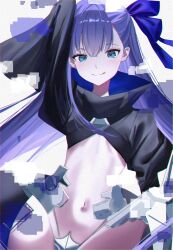  amedake bb_(fate) belly blue_eyes blue_hair commentary_request fate_(series) hair_ribbon highres long_hair looking_at_viewer ribbon tongue very_long_hair 